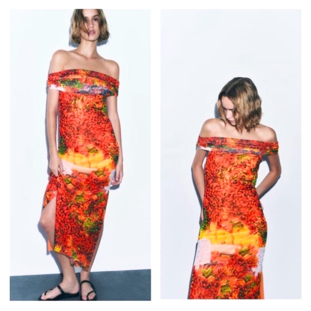 ZARA OFF SHOULDER MIDI Chili Pepper Picante DRESS